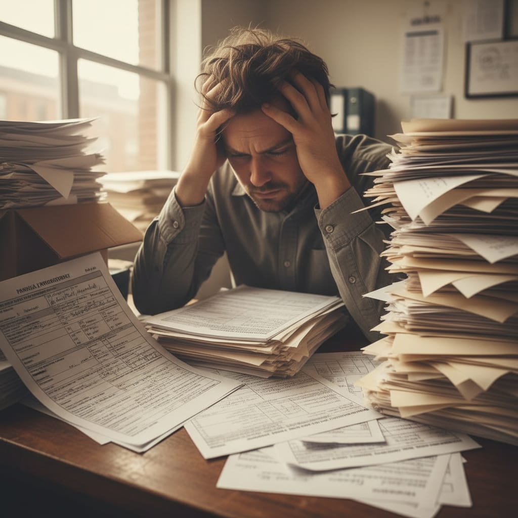 Overworked professional handling manual paperwork and procurement documents